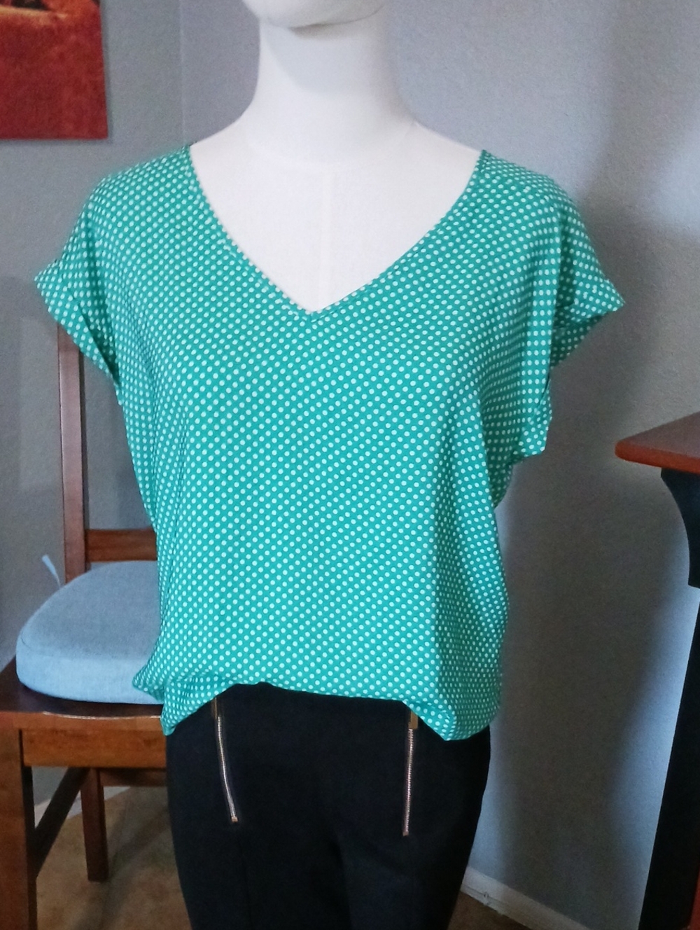 Express Green Polka Dot V-Neck Blouse